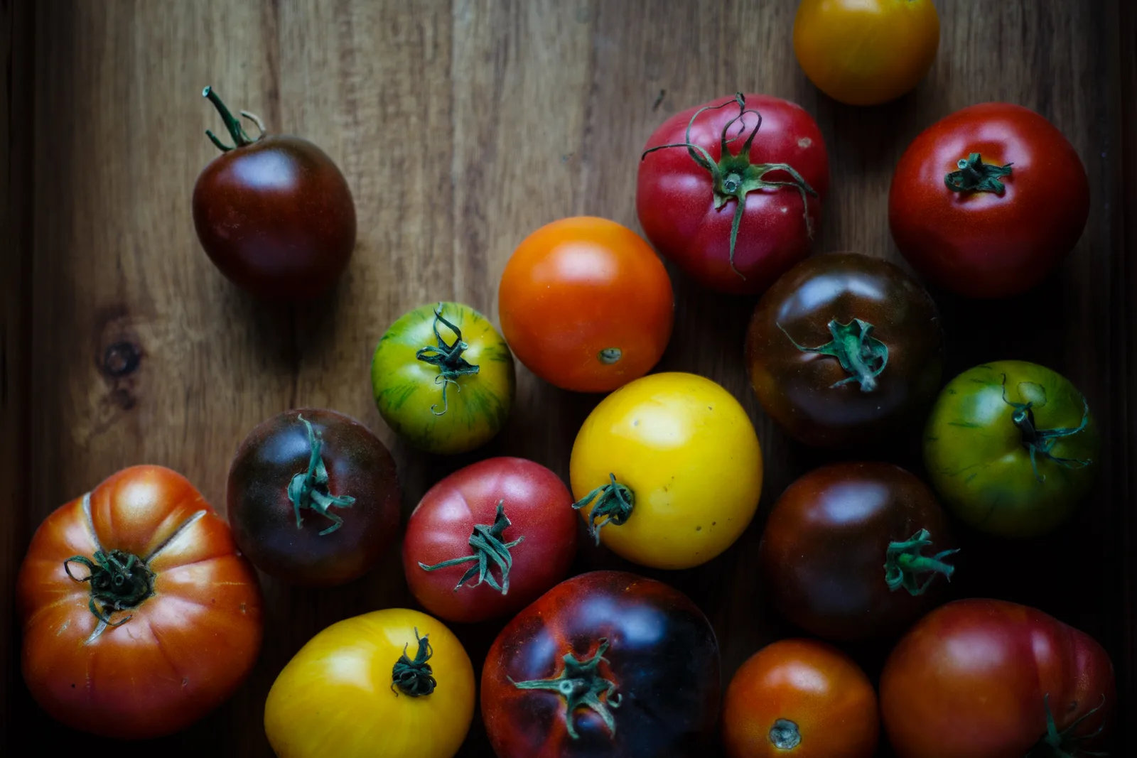 Red, yellow and dark heirloom tomatoes on a wooden board